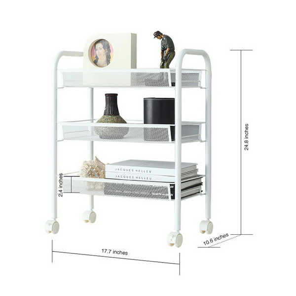 Exquisite Honeycomb Net Three Tiers Storage Cart with Hook Ivory White