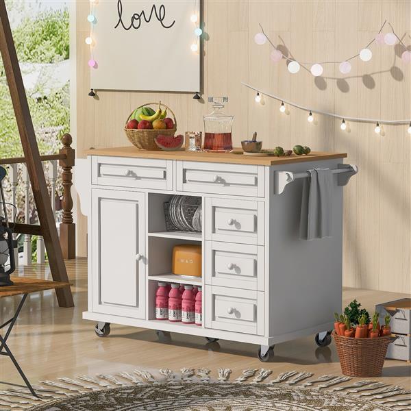 Kitchen cart with Rubber wood desktop rolling mobile kitchen island with storage and 5 draws 53 Inch  length(White)