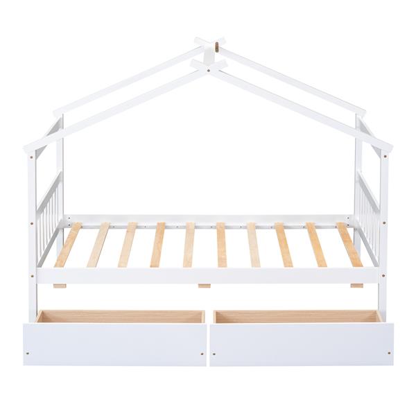 Twin Size Wooden House Bed with Drawers, White