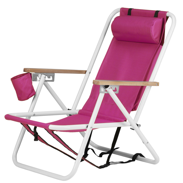 Folding Beach Chair, 4 Position Portable Backpack Foldable Camping Chair with Headrest Cup Holder and Wooden Armrests, Pink