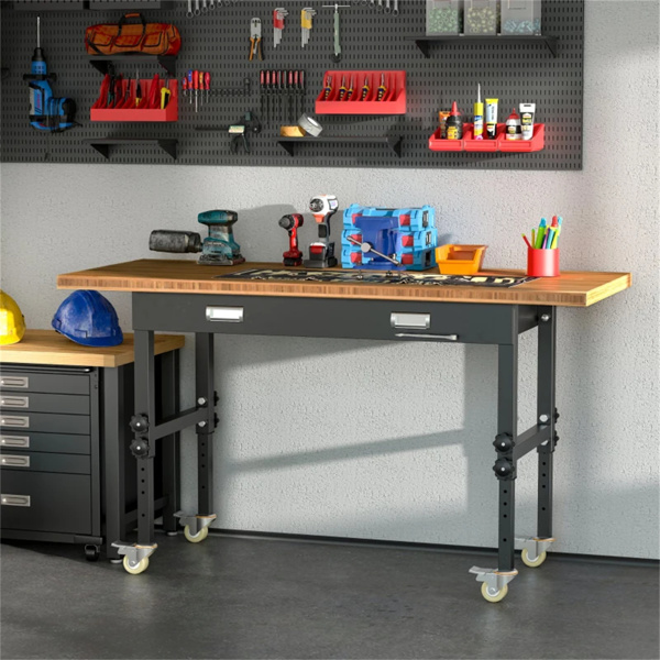   59" Garage Work Bench with Drawer and Wheels, Height Adjustable Legs, Bamboo Tabletop Workstation Tool Table 