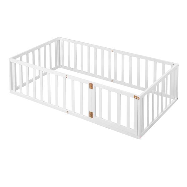 Twin Size Wood Floor Bed Frame with Fence and Door, White