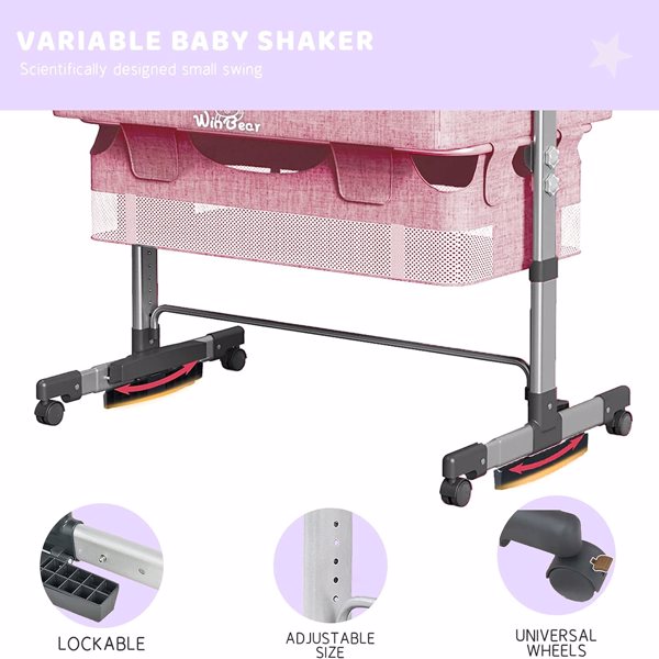 Baby Bassinet Bedside Sleeper 3 in 1 Bedside Crib, Adjustable Portable Bed for Infant/Baby/New born, with Mosquito Nets, Large Storage Bag, Comfortable Mattresses, Lockable Wheels, Pink