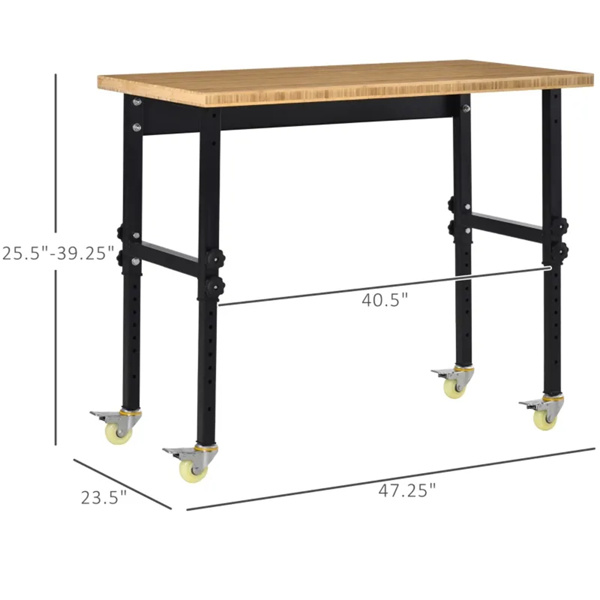 47" Garage Work Bench with Wheels, Height Adjustable Legs, Bamboo Tabletop Workstation Tool Table