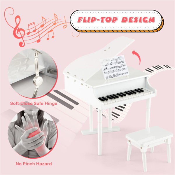 White Kids Piano 30-Key Keyboard Toy with Bench Piano Lid and Music Rack