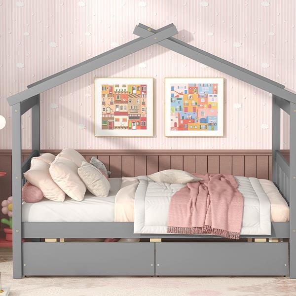 Full Size Wooden House Bed with Drawers, Gray