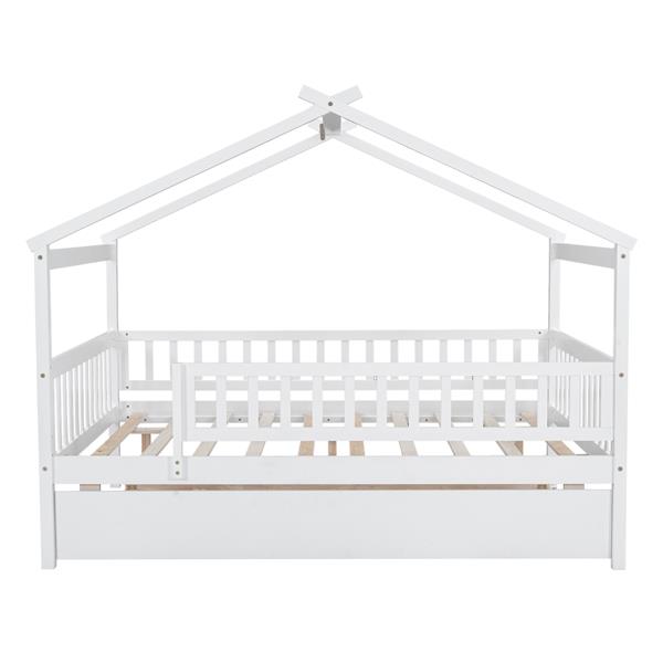 Full Size Wooden House Bed with Twin Size Trundle, White