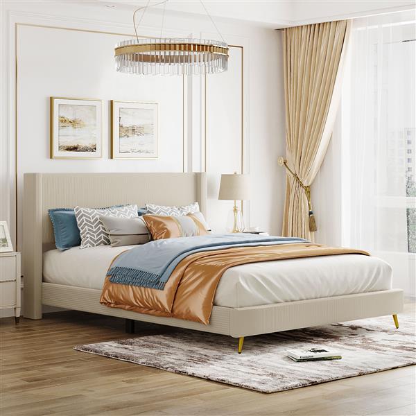 Queen Size Corduroy Platform Bed with Metal Legs, Beige