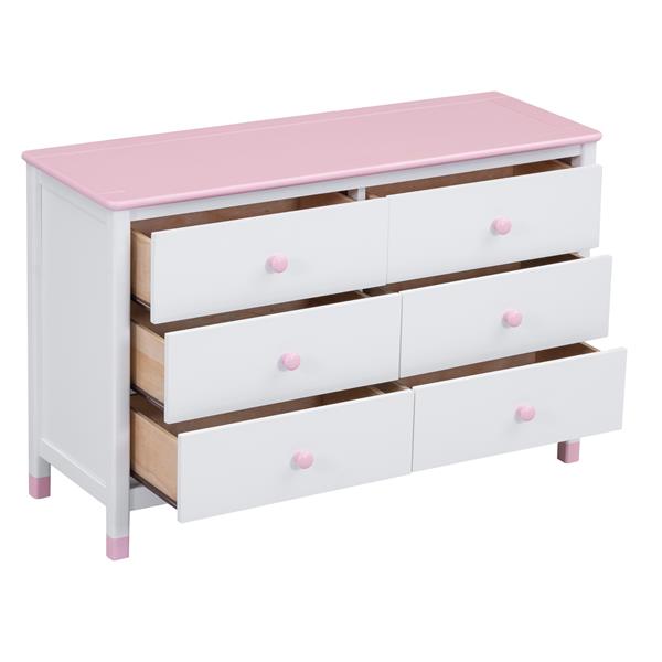 Wooden Storage Dresser with 6 Drawers,Storage Cabinet for kids Bedroom,White+Pink