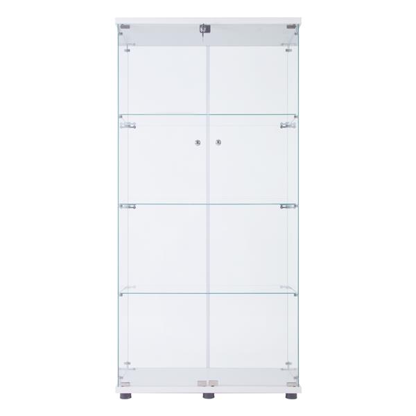 Two Door Glass Cabinet Glass Display Cabinet with 4 Shelves, White