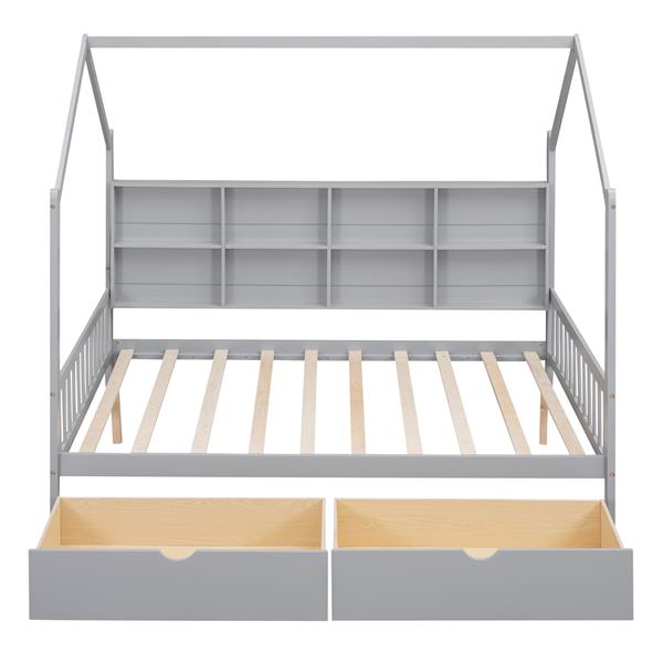 Wooden Full Size House Bed with 2 Drawers,Kids Bed with Storage Shelf, Gray(Expected Arrival Time: 5.15)