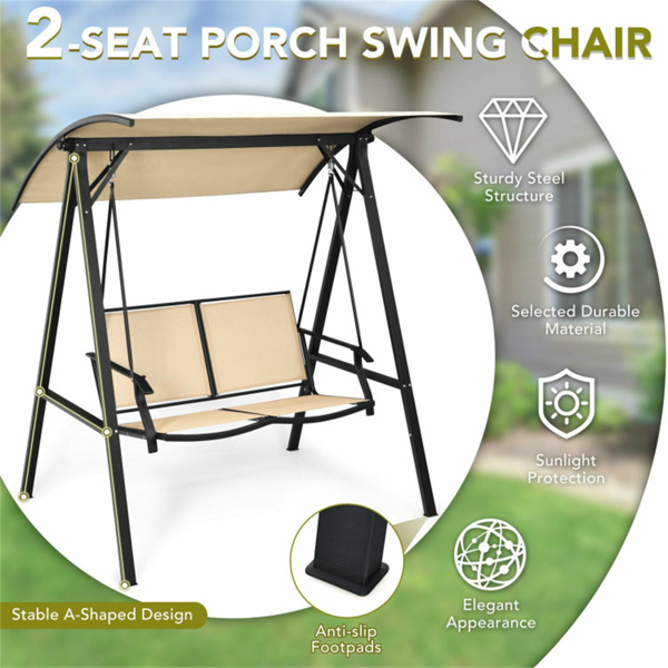 2 Seater Porch Swing with Canopy, Khaki Patio Swing 