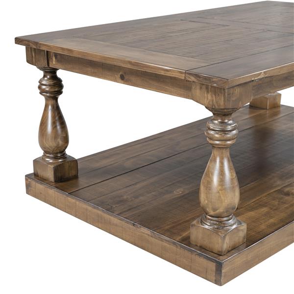 Rustic Floor Shelf Coffee Table with Storage,Solid Pine Wood