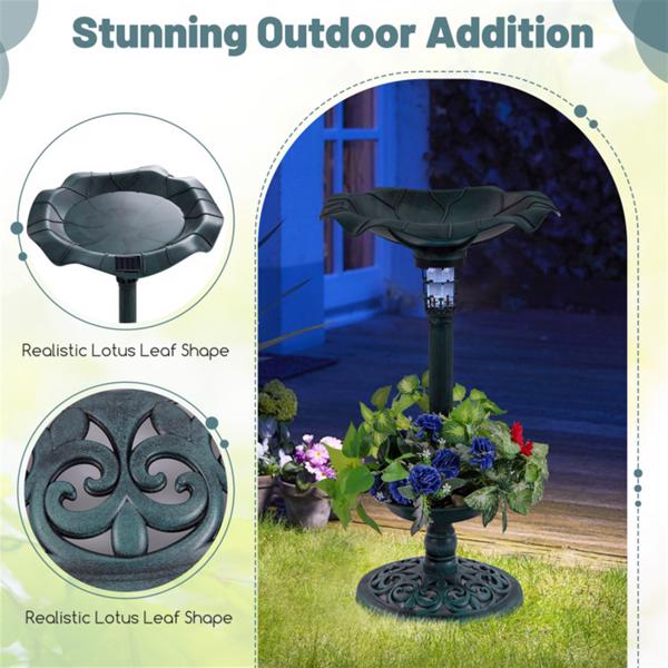 Green Standing Pedestal Birdbath and Feeder Combo with Solar Powered Lamp