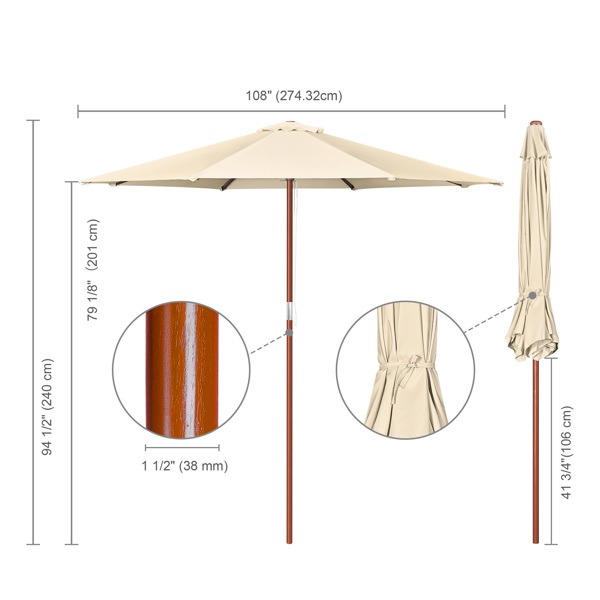  Stylish Wooden Umbrella 9 ft Patio Umbrella features wooden ribs and pole - Aluminum Frame Market Umbrella For Backyard, Deck, Garden, Pool -- ivory（No shipments on weekends）