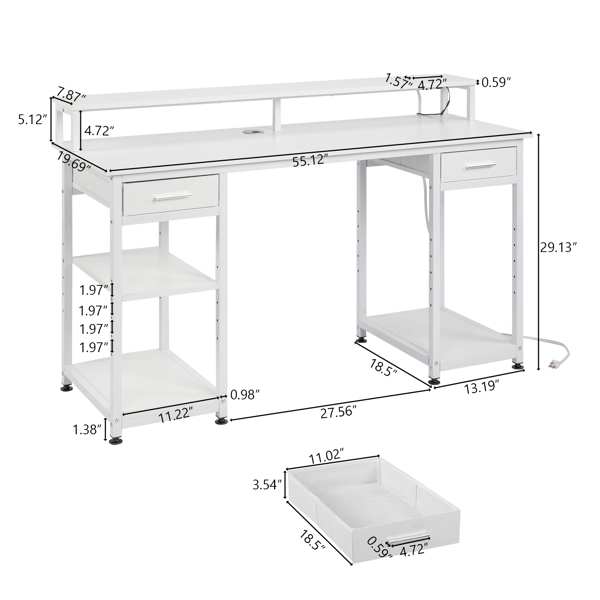 White wood grain particle board with non-woven fabric drawer 140*50*86cm multi-layer shelf computer desk with 2 USB power sockets and 2 power interface