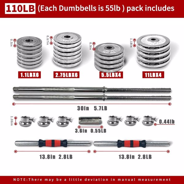 Adjustable Dumbbell Set Home Gym Cast Iron Barbell Sets with Carry Box 110lbs Office Bedroom Workout Dumbbells for Men and Women