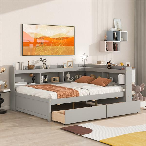 Full Bed with L-shaped Bookcases, Drawers ,Grey