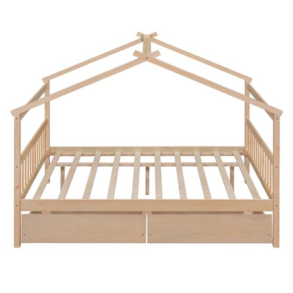 Full Size Wooden House Bed with Drawers, Natural