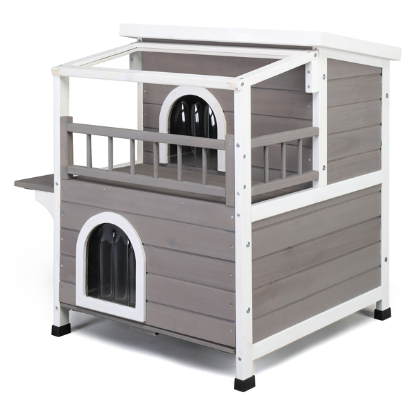  Wooden Cat house 2-Story Indoor Outdoor Luxurious Cat Shelter House with Transparent Canopy, Large Balcony, Openable Weatherproof Roof,Double escape door, Grey&White