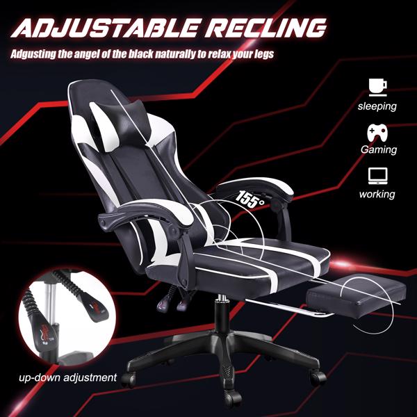 带脚踏板的人体工学游戏椅，适合体重较重人士使用的舒适电脑椅，可调节腰靠背办公椅，带 360° 旋转座椅，成人用 PU 皮革游戏椅，白色-3