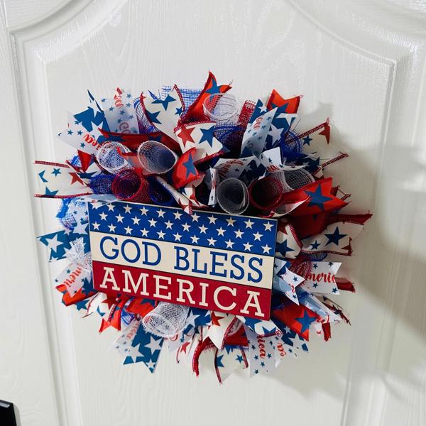 4th of July Independence Day Red White Blue Flower Wreath, Patriotic American Wreath, God Bless America Front Door Wreath , Memorial Day Wreath for Wall Window Party Decor, 2PCS