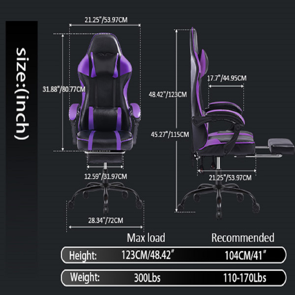 Video Game Chairs for Adults, PU Leather Gaming Chair with Footrest, 360°Swivel Adjustable Lumbar Pillow Gamer Chair, Comfortable Computer Chair for Heavy People, Purple