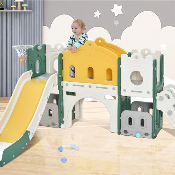 Kids Slide Playset Structure,  Castle Climber with Slide and Basketball Hoop, Toy Storage Organizer for Toddlers, Kids Climbers Playhouse for Indoor Outdoor Playground Activity