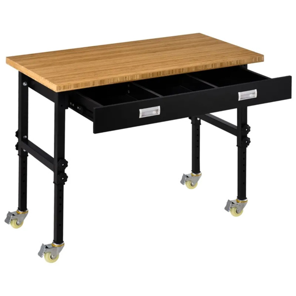 47" Garage Work Bench with Drawer and Wheels, Height Adjustable Legs, Bamboo Tabletop Workstation Tool Table