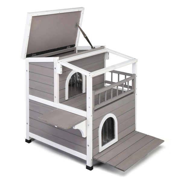  Wooden Cat house 2-Story Indoor Outdoor Luxurious Cat Shelter House with Transparent Canopy, Large Balcony, Openable Weatherproof Roof,Double escape door, Grey&White