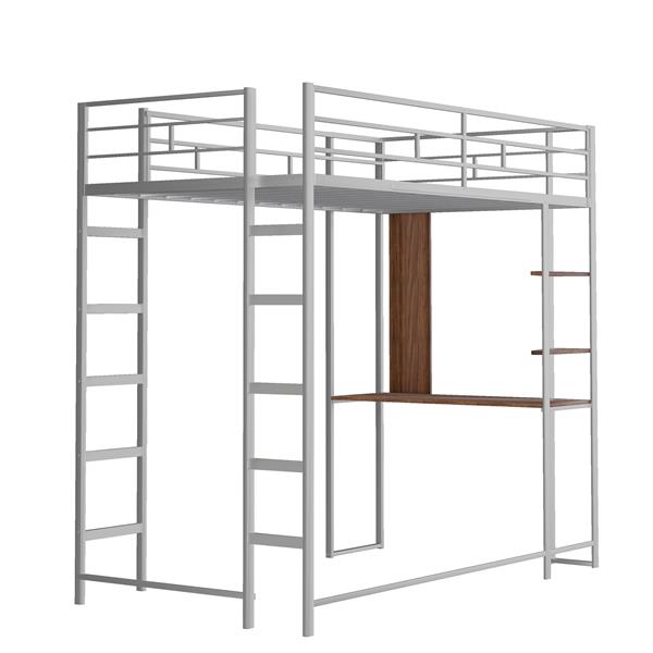 Twin Metal Loft Bed with 2 Shelves and one Desk ,Silver