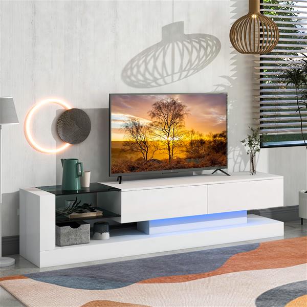 TV Stand with Two Media Storage Cabinets Modern High Gloss Entertainment Center for 75 Inch TV, 16-color RGB LED Color Changing Lights for Living Room, White