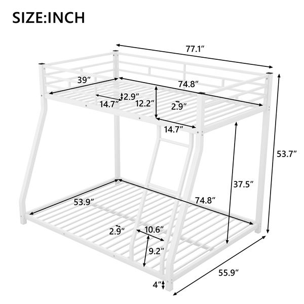 Metal Floor Bunk Bed, Twin over Full,White