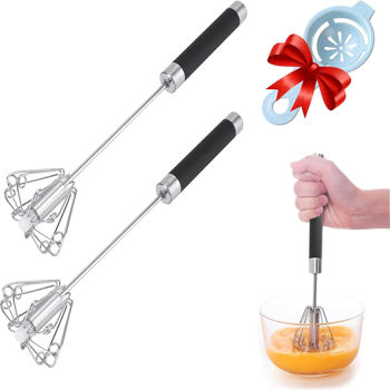 Stainless Steel Push Whisk - Easy to Use Manual Hand Mixer & Plunger Whisk - Make Froth, Foam & Whipped Cream - Semi Auto Egg Beater Plastic Tip Won’t Scratch Pans -- No shipment on weekends