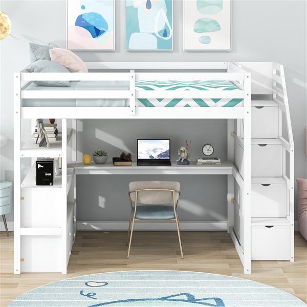 Full Size Loft Bed with Desk and Shelves, Two Built-in Drawers, Storage Staircase, White