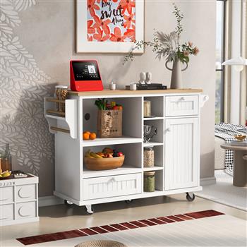 Kitchen Island Cart with Storage Cabinet and Two Locking Wheels,Solid wood desktop,Microwave cabinet,Floor Standing Buffet Server Sideboard for Kitchen Room,Dining Room,, Bathroom(White)