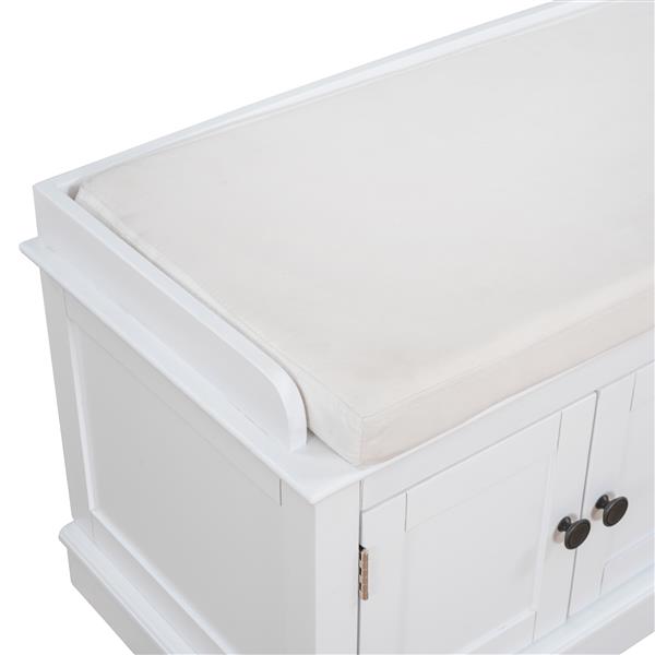 Storage Bench with 4 Doors and Adjustable Shelves, Shoe Bench with Removable Cushion for Living Room, Entryway (White)