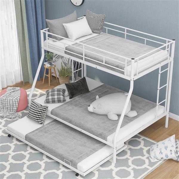 Twin over Full Bed with Sturdy Steel Frame, Bunk Bed with Twin Size Trundle, Two-Side Ladders, White