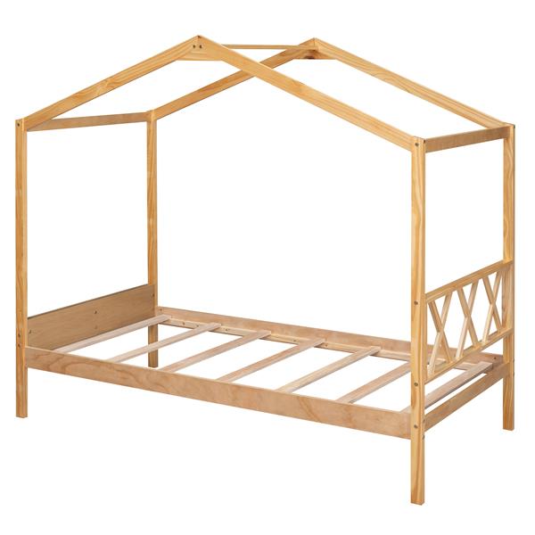 Twin Size Wood House Bed with Storage Space, Natural