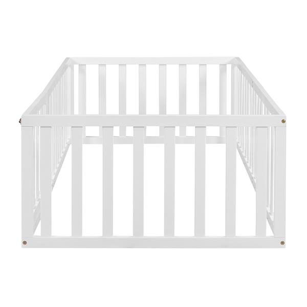 Twin Size Wood Floor Bed Frame with Fence and Door, White