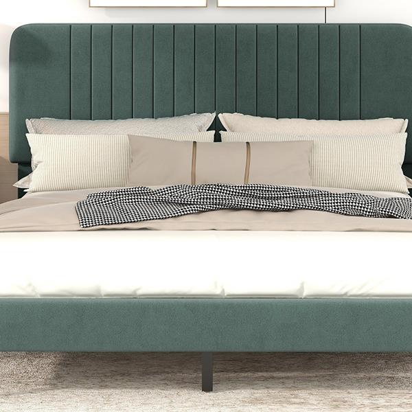 Queen Size Upholstered Platform Bed,No Box Spring Needed, Velvet Fabric,Green