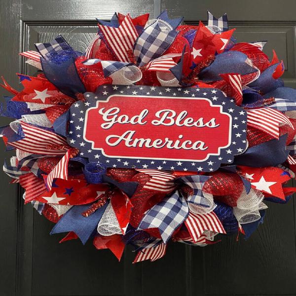 July 4th Wreath Patriotic American Wreath God Bless America, Red White Blue Flower Front Door Wreath, Memorial Day Independence Day, 4Pcs 