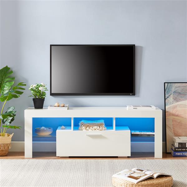 FashionTVstandTVcabinet,EntertainmentCenter,TVstationTV console,media console,with LEDlight belt,light belt remote control,toughenedglassshelf,metal handle,Canbeplaced in the living room,bedroom,white