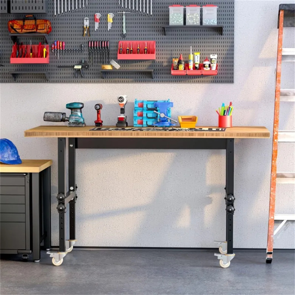 59" Garage Work Bench with Wheels, Height Adjustable Legs, Bamboo Tabletop Workstation Tool Table