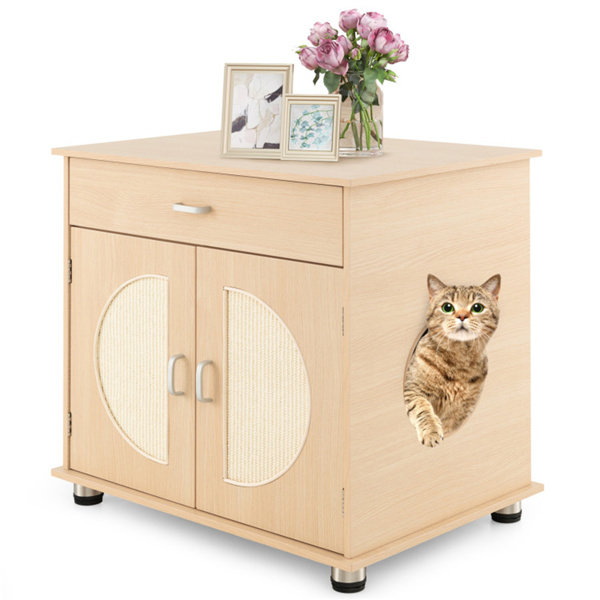 26.5" Multipurpose Cat Litter Box Enclosure with Sisal Scratching Doors and Storage Living Room Cabinet