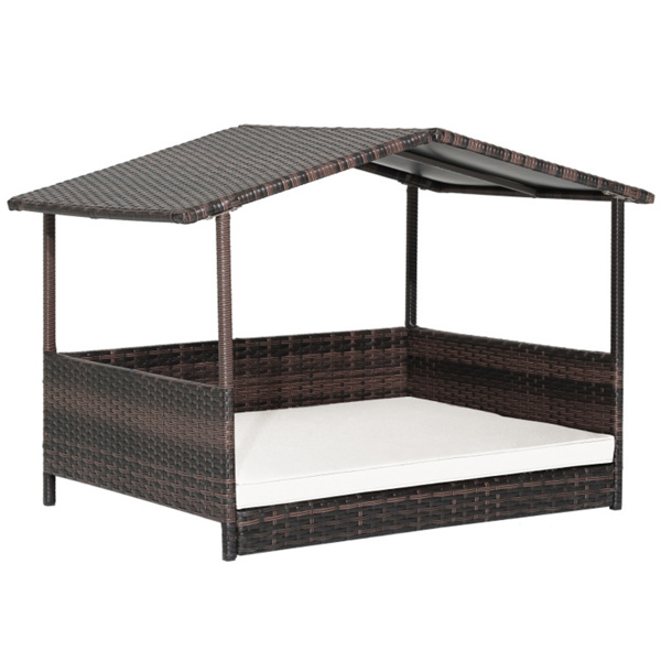 Dog House Outdoor with Canopy, Rattan Dog Bed with Water-resistant Cushion,