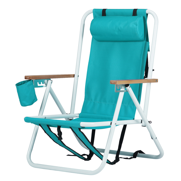 Folding Beach Chair, 4 Position Portable Backpack Foldable Camping Chair with Headrest Cup Holder and Wooden Armrests, Green