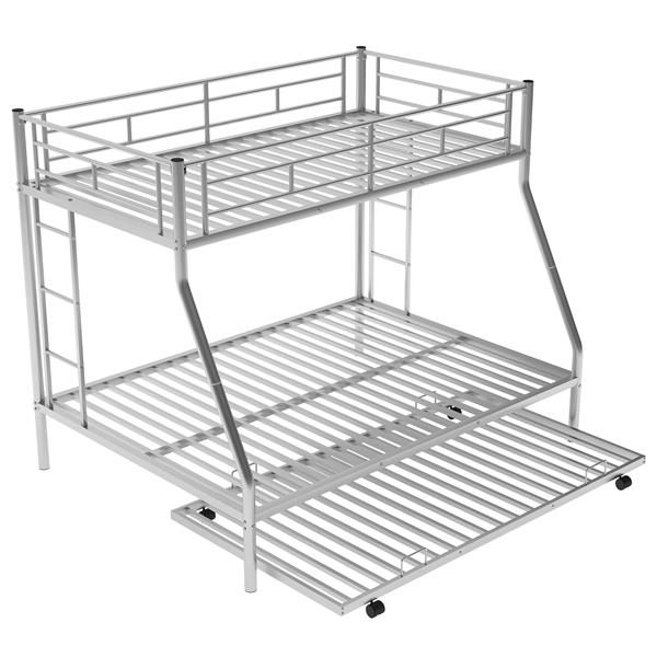 Twin over Full Bed with Sturdy Steel Frame, Bunk Bed with Twin Size Trundle, Two-Side Ladders, Silver