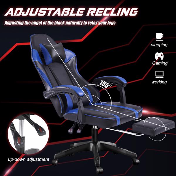 Ergonomic Gaming Chair with Footrest, Comfortable Computer Chair for Heavy People, Adjustable Lumbar Desk Office Chair with 360°-Swivel Seat, PU Leather Video Game Chairs for Adults, Blue