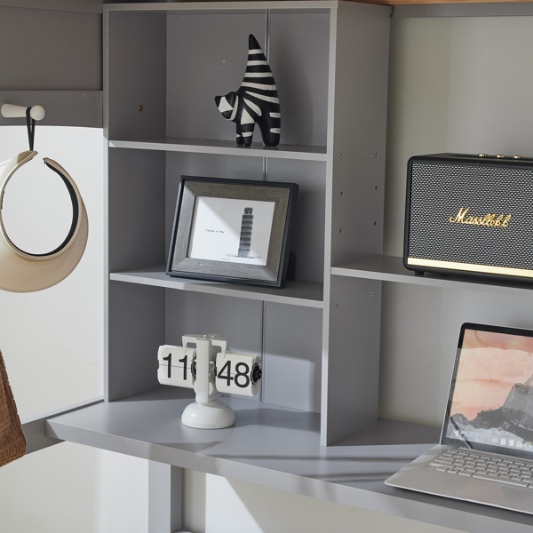 Loft bed with shelf with desk inclined ladder gray twin wooden bed pine particle board